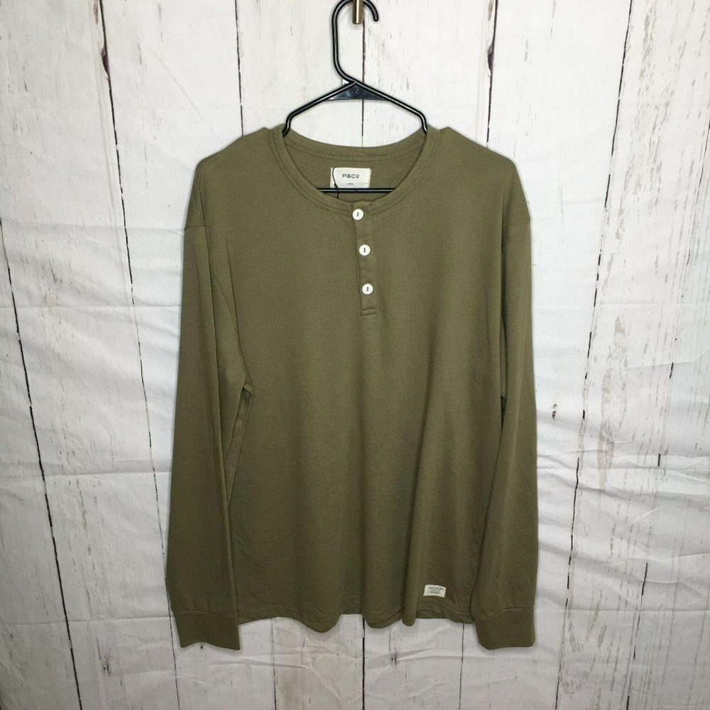 Pandco Mens Henley LS Tee Shirt Olive Green L NWT